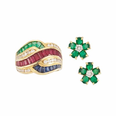 Lot 720 - Gold, Gem-Set and Diamond Ring and Pair of Emerald and Diamond Earrings
