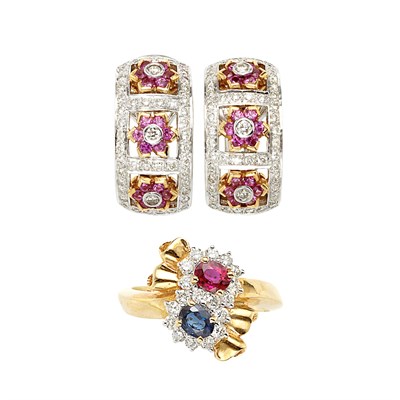 Lot 805 - Gold, Gem-Set and Diamond Ring and Pair of White Gold, Pink Sapphire and Diamond Half-Hoop Earrings