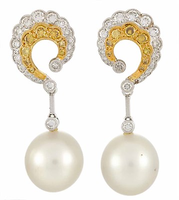 Lot 615 - Pair of White Gold, Diamond, Fancy Colored Yellow Diamond and South Sea Culured Pearl Pendant-Earrings