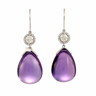 Lot 465 - Pair of White Gold, Diamond and Amethyst Pendant-Earrings