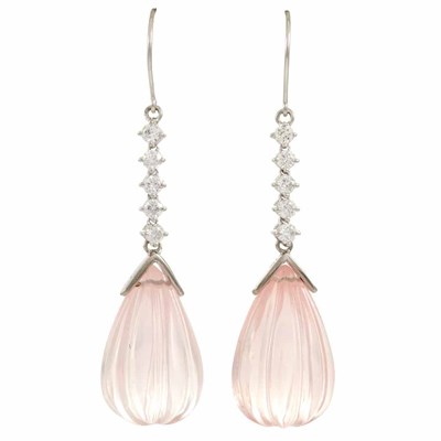 Lot 456 - Pair of White Gold, Diamond and Fluted Rose Quartz Pendant-Earrings