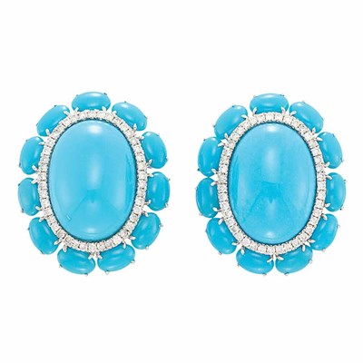 Lot 913 - Pair of White Gold, Turquoise and Diamond Earrings