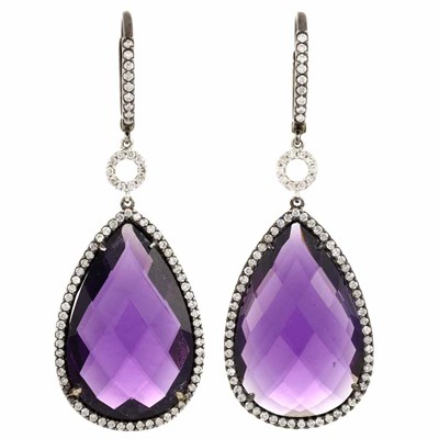 Lot 438 - Pair of Blackened Gold, Amethyst and Diamond Pendant-Earrings