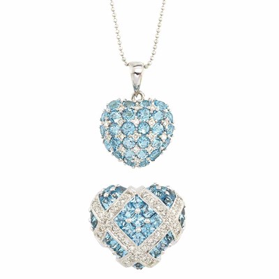 Lot 879 - White Gold, Blue Topaz and Diamond Heart Ring and Pendant with Chain