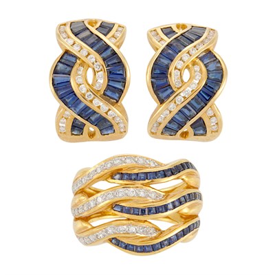 Lot 672 - Pair of Gold, Sapphire and Diamond Earrings and Ring