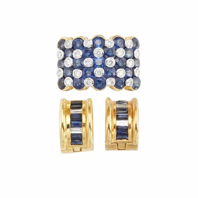 Lot 795 - Gold, Sapphire and Diamond Ring and Pair of Hoop Earrings