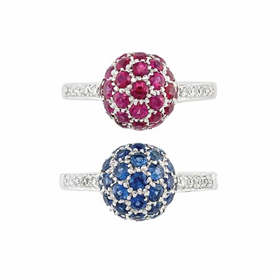Lot 754 - Pair of White Gold, Sapphire, Ruby and Diamond Ball Rings