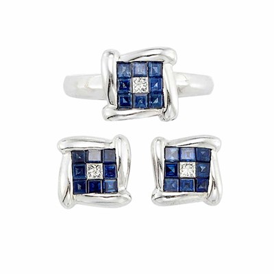 Lot 871 - Pair of White Gold, Sapphire and Diamond Earrings and Ring