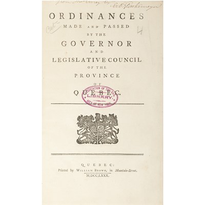 Lot 80 - [QUEBEC] Ordinances made and passed by the...
