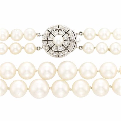 Lot 131 - Double Strand Cultured Pearl Necklace with White Gold and Diamond Clasp