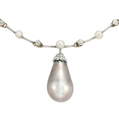Lot 434 - Antique, Silver, Gold, Button Pearl and Diamond Necklace with Natural Brownish Gray Pearl and Diamond Pendant