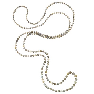Lot 326 - Long Multicolored Natural Pearl and Seed Pearl Necklace with Silver and Diamond Clasp
