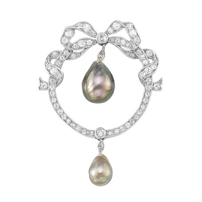 Lot 327 - Belle Epoque Platinum, Natural Pinkish-Gray Pearl and Diamond Circle Bow Pin