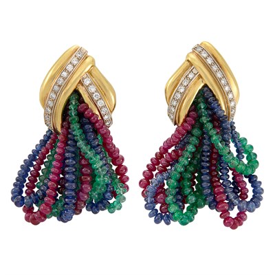 Lot 678 - Pair of Gold, Diamond and Gem-Set Bead Pendant-Earrings