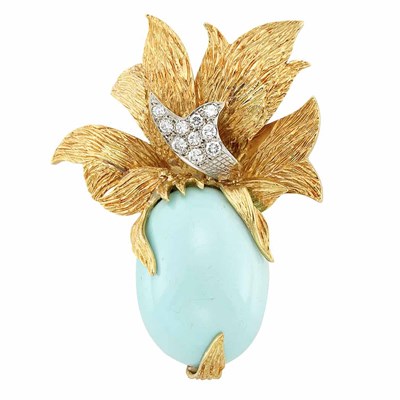 Lot 636 - Gold, Turquoise and Diamond Pendant Clip-Brooch