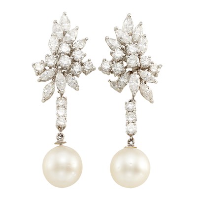 Lot 745 - Pair of Platinum, Diamond and Cultured Pearl Pendant-Earclips