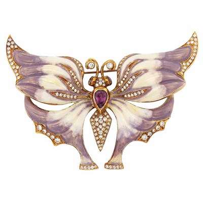 Lot 689 - Gold, Enamel, Amethyst and Diamond Butterfly Brooch