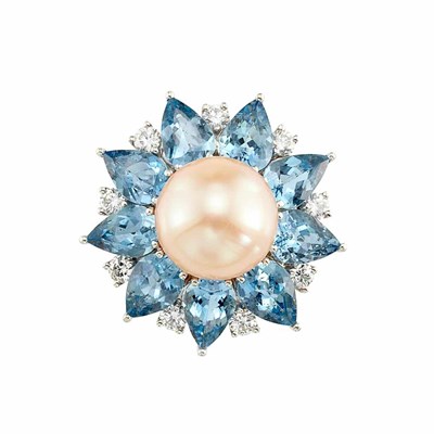 Lot 875 - Platinum, Freshwater Peach Pearl, Aquamarine and Diamond Ring
