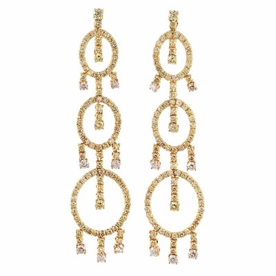Lot 700 - Pair of Gold and Light Yellow and Light Pink Diamond Pendant-Earrings
