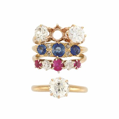 Lot 682 - Antique Gold, Diamond and Gem-Set Triple Band Ring and Diamond Ring