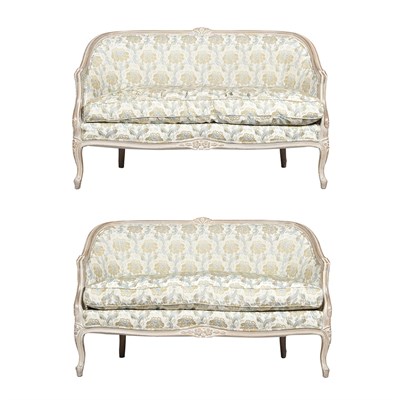 Lot 258 - Pair of Louis XV Style Cream Painted Canapes...