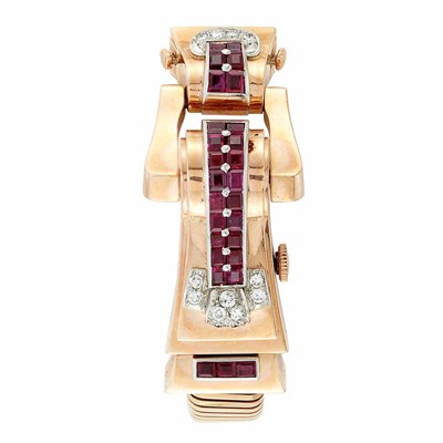 Lot 722 - Rose Gold, Platinum, Ruby and Diamond Snake Chain Bracelet-Watch, Udall & Ballou