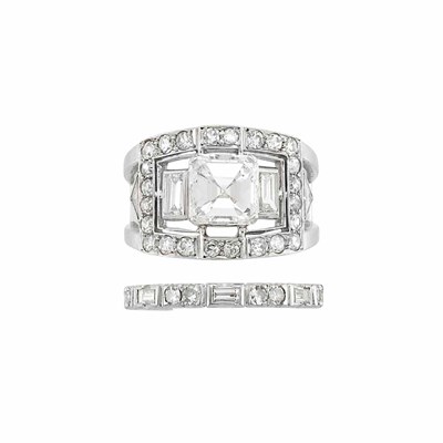 Lot 858 - Platinum and Diamond Ring and Guard Ring