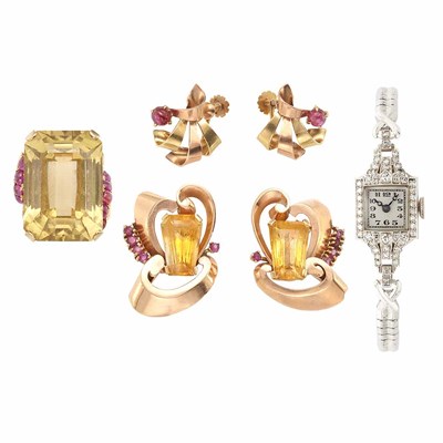 Lot 724 - Group of Gold, Citrine and Ruby Jewelry and Diamond Watch