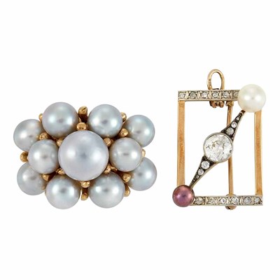 Lot 723 - Gold and Gray Cultured Pearl Bombe Ring and Diamond and Cultured Pearl Pin