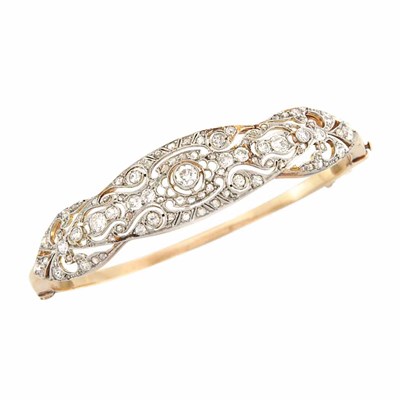 Lot 773 - Antique Gold, Platinum and Diamond Bangle Bracelet