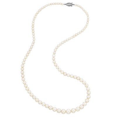Lot 429 - Natural Pearl Necklace with Platinum and Diamond Clasp