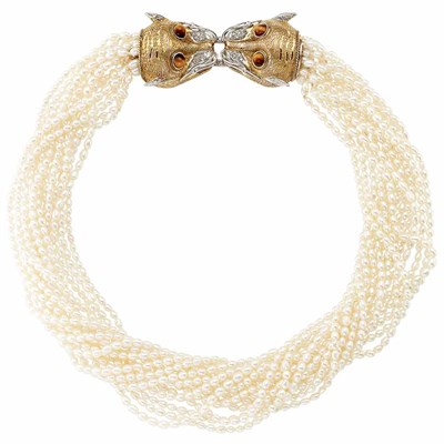 Lot 644 - Fifteen Strand Biwa Pearl, Two-Color Gold, Tiger's-Eye and Diamond Animal Head Necklace