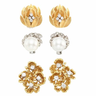 Lot 813 - Two Pairs of Gold and Diamond Earclips and Pair of Platinum, Cultured Pearl and Diamond Earclips
