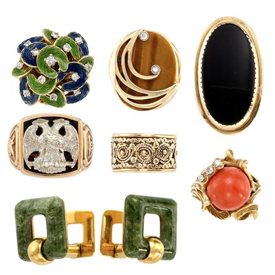 Lot 928 - Six Gold, Diamond, Hardstone and Enamel Rings and Pair of Gold and Nephrite Cufflinks