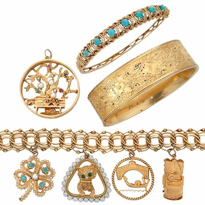 Lot 666 - Group of Gold Jewelry and Gold-Filled Bangle Bracelet