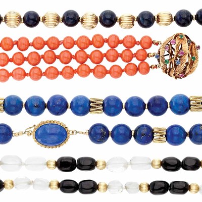 Lot 940 - Three Hardstone and Gold Bead Necklaces and Group of Bead Jewelry