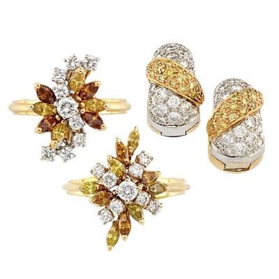 Lot 908 - Two Gold, Diamond and Fancy Colored Diamond Rings and Pair of Diamond and Yellow Diamond Earrings