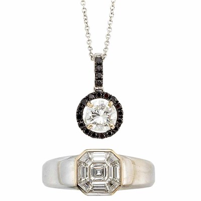 Lot 772 - White Gold and Diamond Ring and Diamond and Black Diamond Pendant with Chain