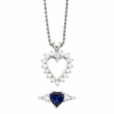 Lot 900 - Platinum, Sapphire and Diamond Ring and White Gold and Diamond Heart Pendant with Platinum Chain