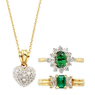 Lot 802 - Two Gold, Gem-Set and Diamond Rings and Diamond Heart Pendant with Chain