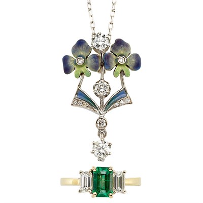 Lot 863 - Gold, Emerald and Diamond Ring and Enamel and Diamond Floret Pendant with Chain