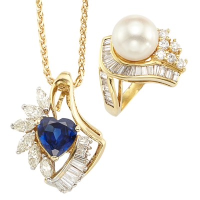 Lot 835 - Gold, Cultured Pearl and Diamond Ring and Sapphire and Diamond Pendant with Chain