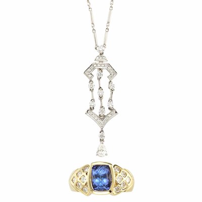 Lot 862 - White Gold and Diamond Pendant-Necklace, Kwiat, and Gold, Tanzanite and Diamond Ring