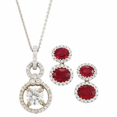 Lot 854 - Pair of White Gold, Ruby and Diamond Earrings and Diamond Pendant with Chain