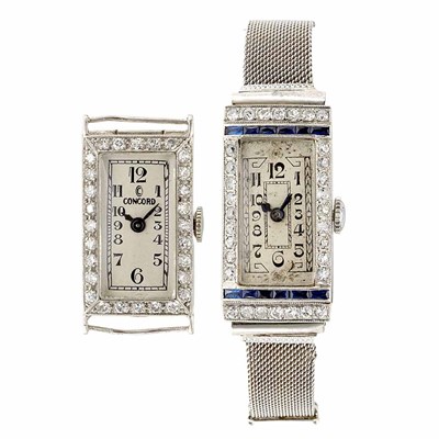Lot 857 - Platinum, White Gold, Diamond and Synthetic Sapphire Mesh Wristwatch and Diamond Watch