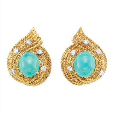 Lot 218 - Pair of Gold, Platinum, Turquoise and Diamond Earclips, David Webb
