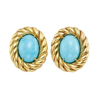 Lot 825 - Pair of Gold and Turquoise Earclips, David Webb