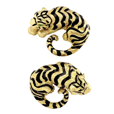 Lot 210 - Pair of Gold and Black Enamel Tiger Pins, David Webb