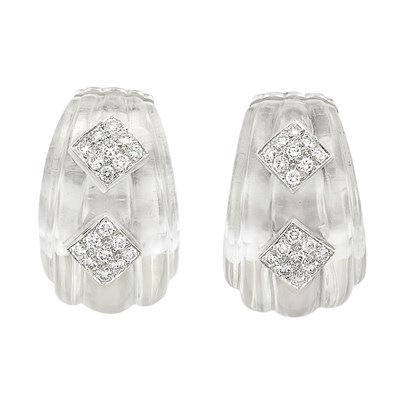 Lot 357 - Pair of Carved Rock Crystal, Platinum and Diamond Hoop Earclips, David Webb