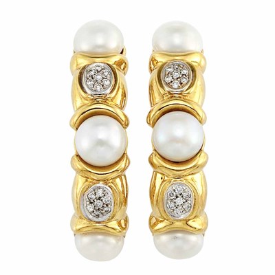 Lot 819 - Pair of Gold, Cultured Pearl and Diamond Earrings